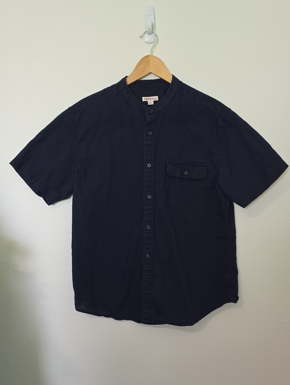 Merona Navy Short-Sleeve Button-Down Band Collar Shirt